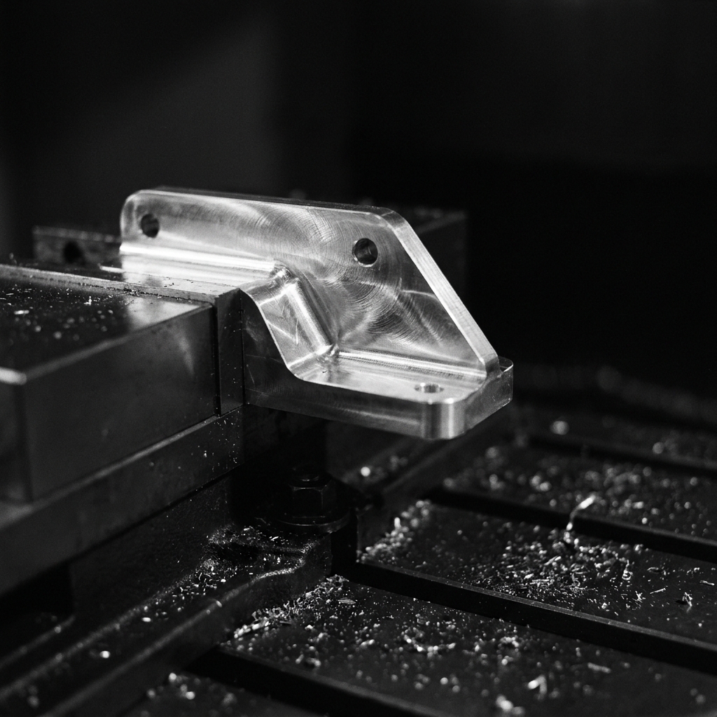 Machined bracket in a CNC vise.
